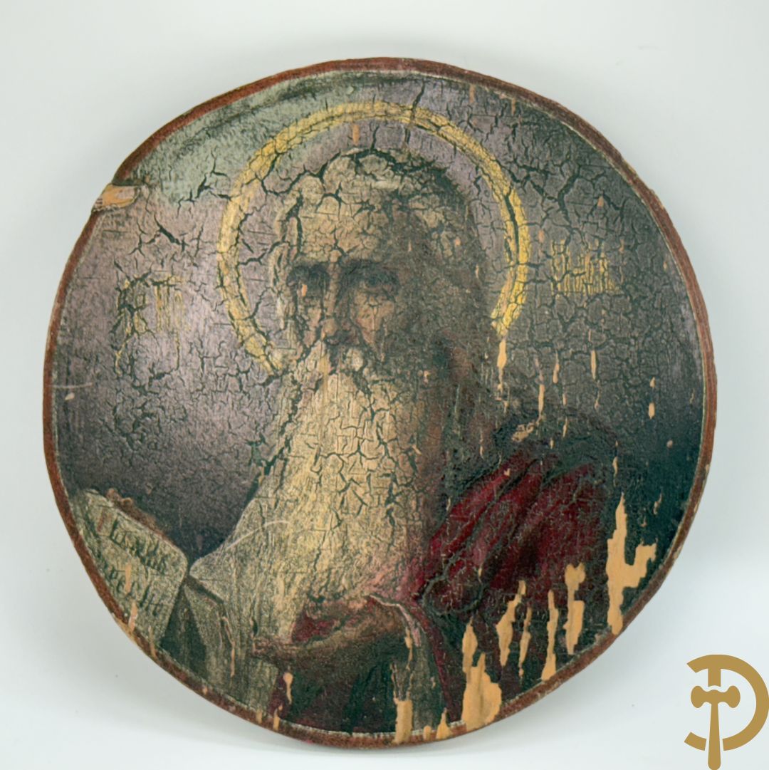 Rond handbeschilderd paneel met evangelist