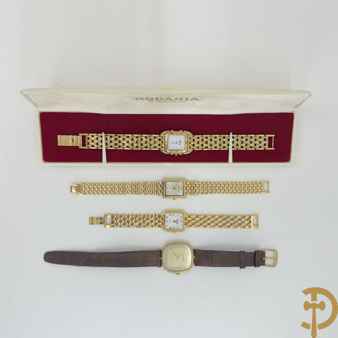 Drie dameshorloges met vergulde armband Rodania + herenuurwerk Rodania