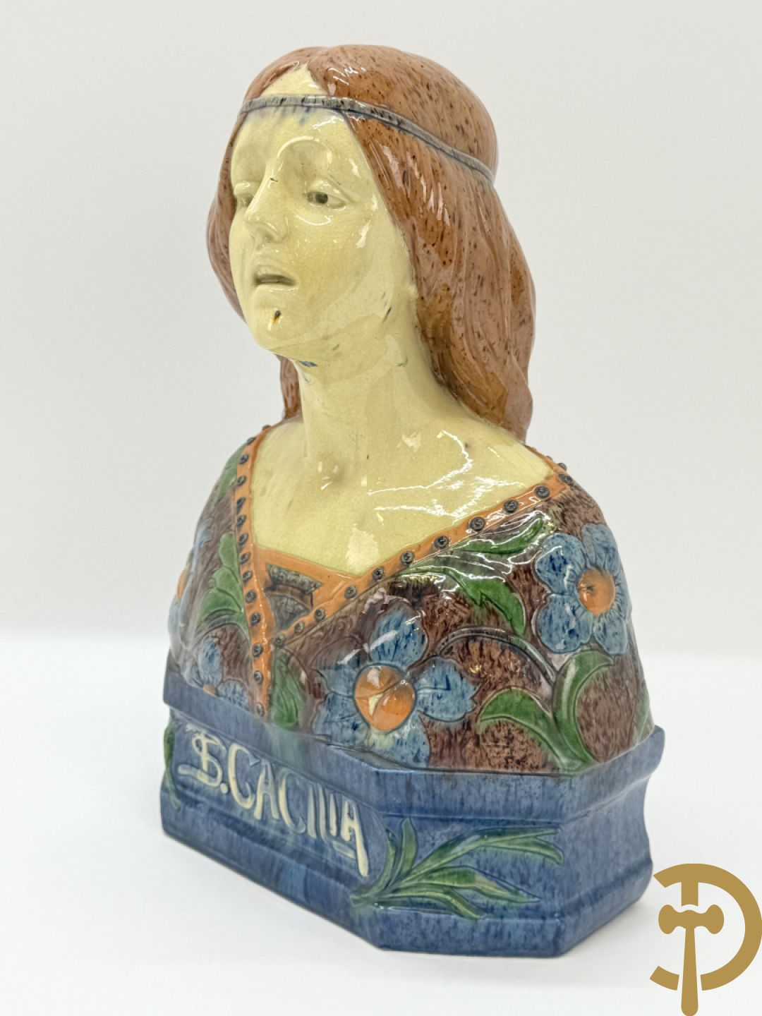 Vlaamse meerkleurige aardewerken Art Nouveau  buste Sint Cecilia