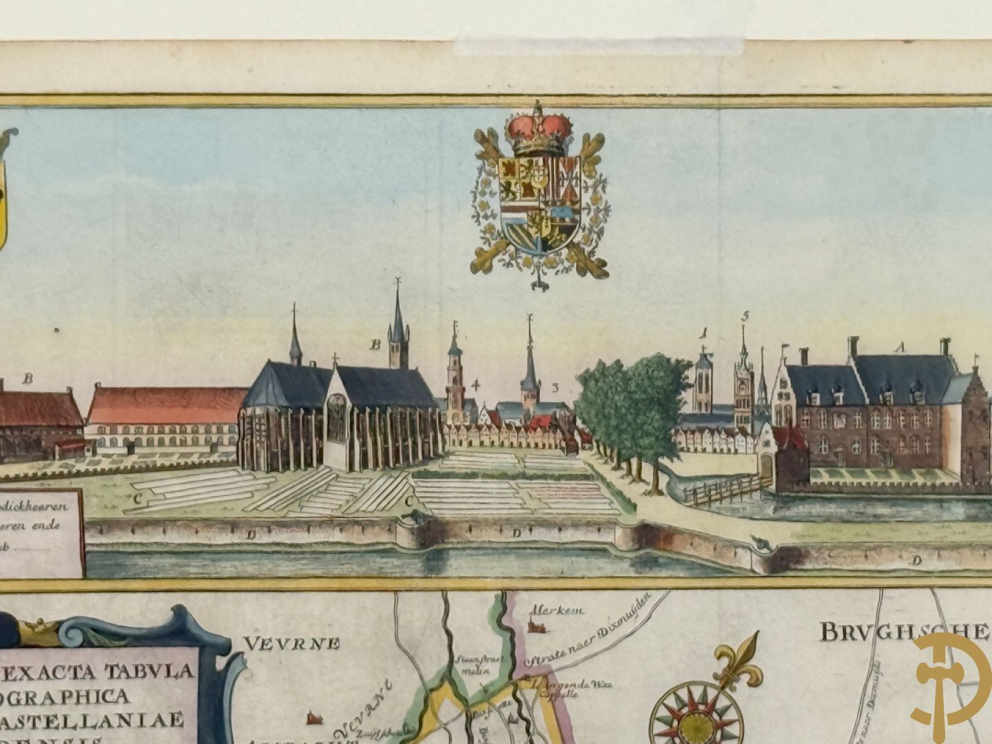 Oude kaart Sanderus met inzet van zicht op stad Ieper en kastelen rond de stad Ieper, 1641