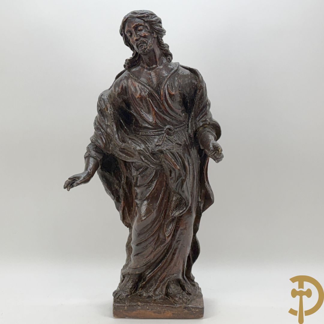 Houtgesculpteerde antieke religieuse voorstelling van evangelist, 18e