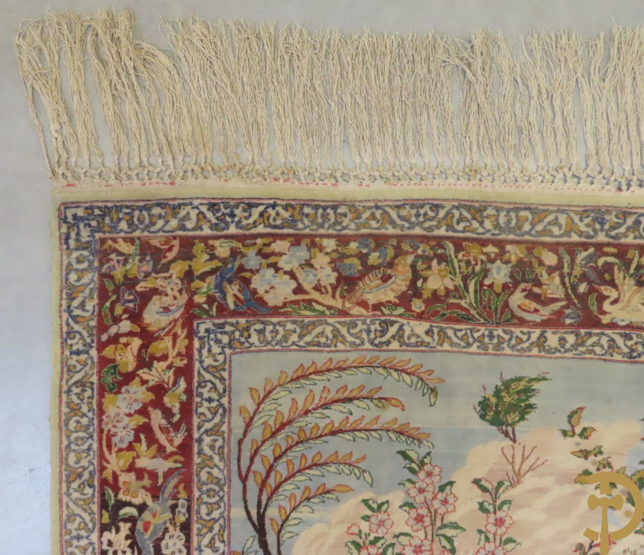 Perzisch handgeknoopt tapijt Ispahan met figuratief decor van lieflijke taferelen in landschap