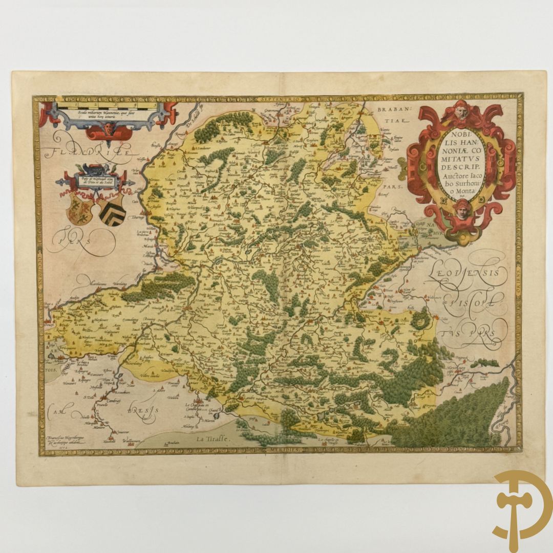 Oud handgekleurde kaart van Ortelius, zicht op Henegouwen, 1572