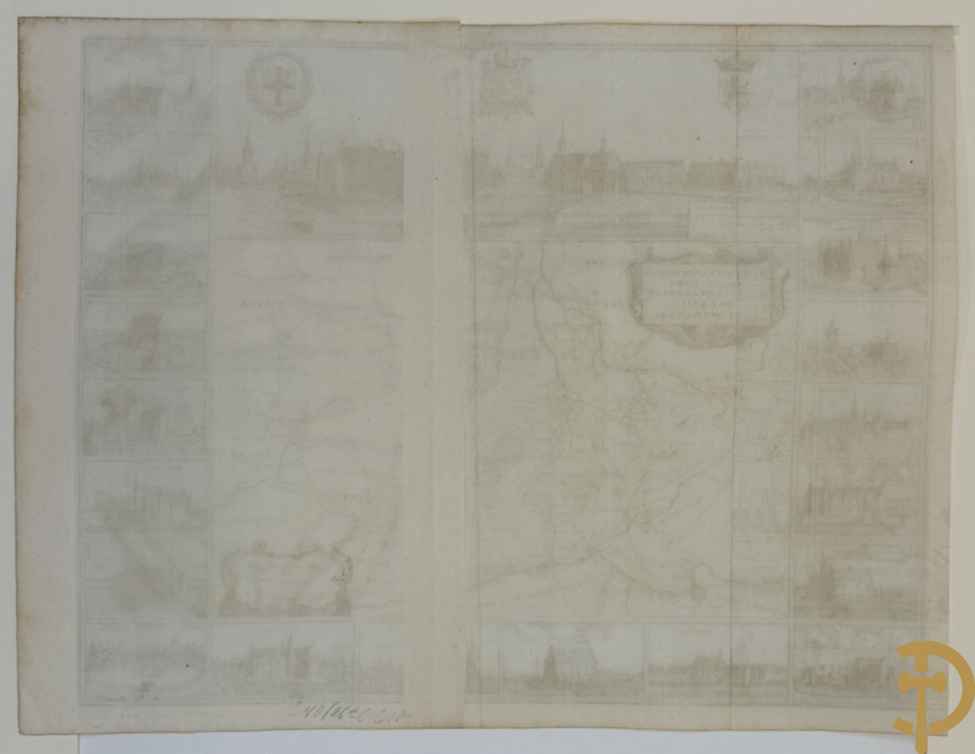 Oude kaart Sanderus met inzet van zicht op stad Ieper en kastelen rond de stad Ieper, 1641