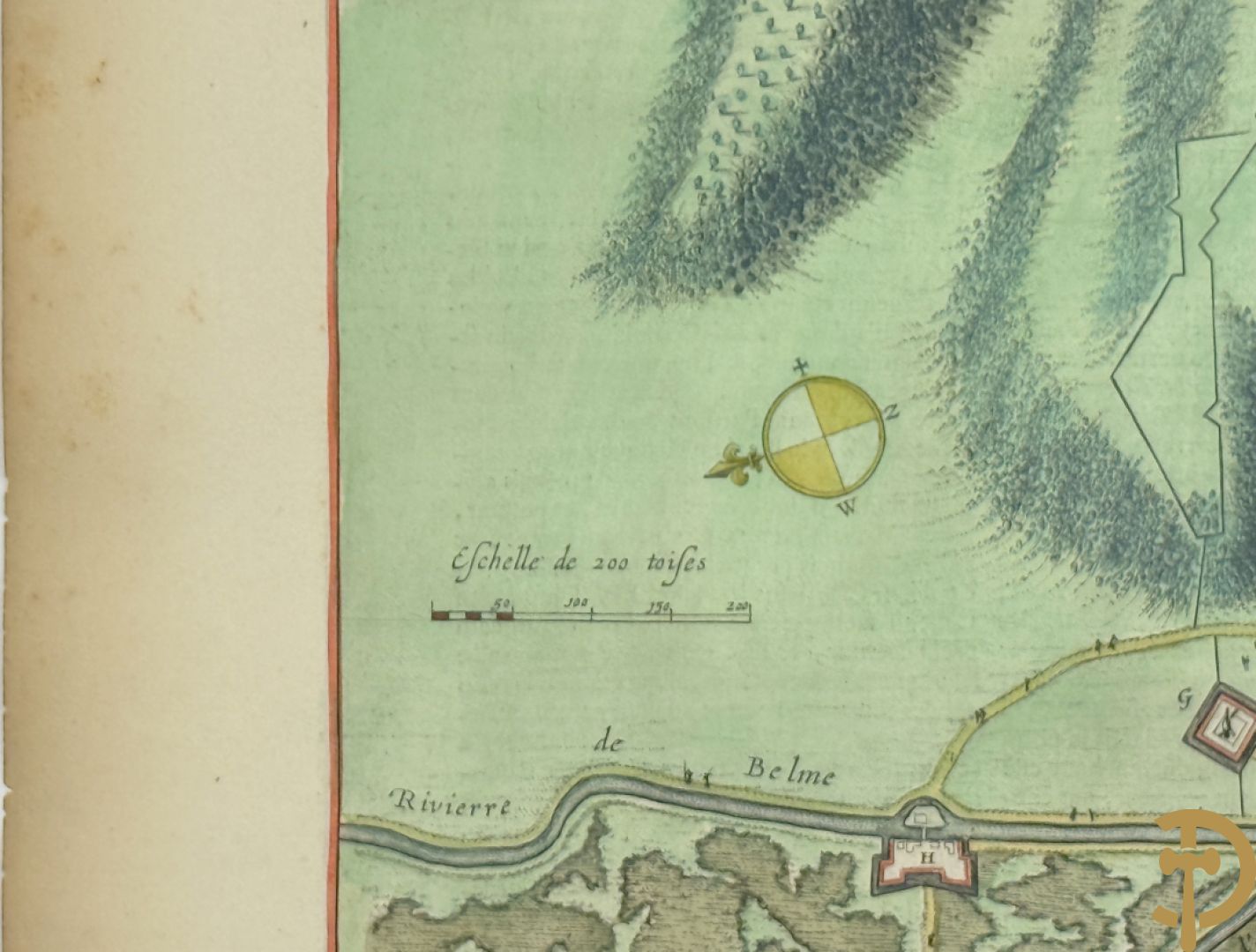 Oude origineel ingekleurde kaart plan du fort de Watten, Blaue