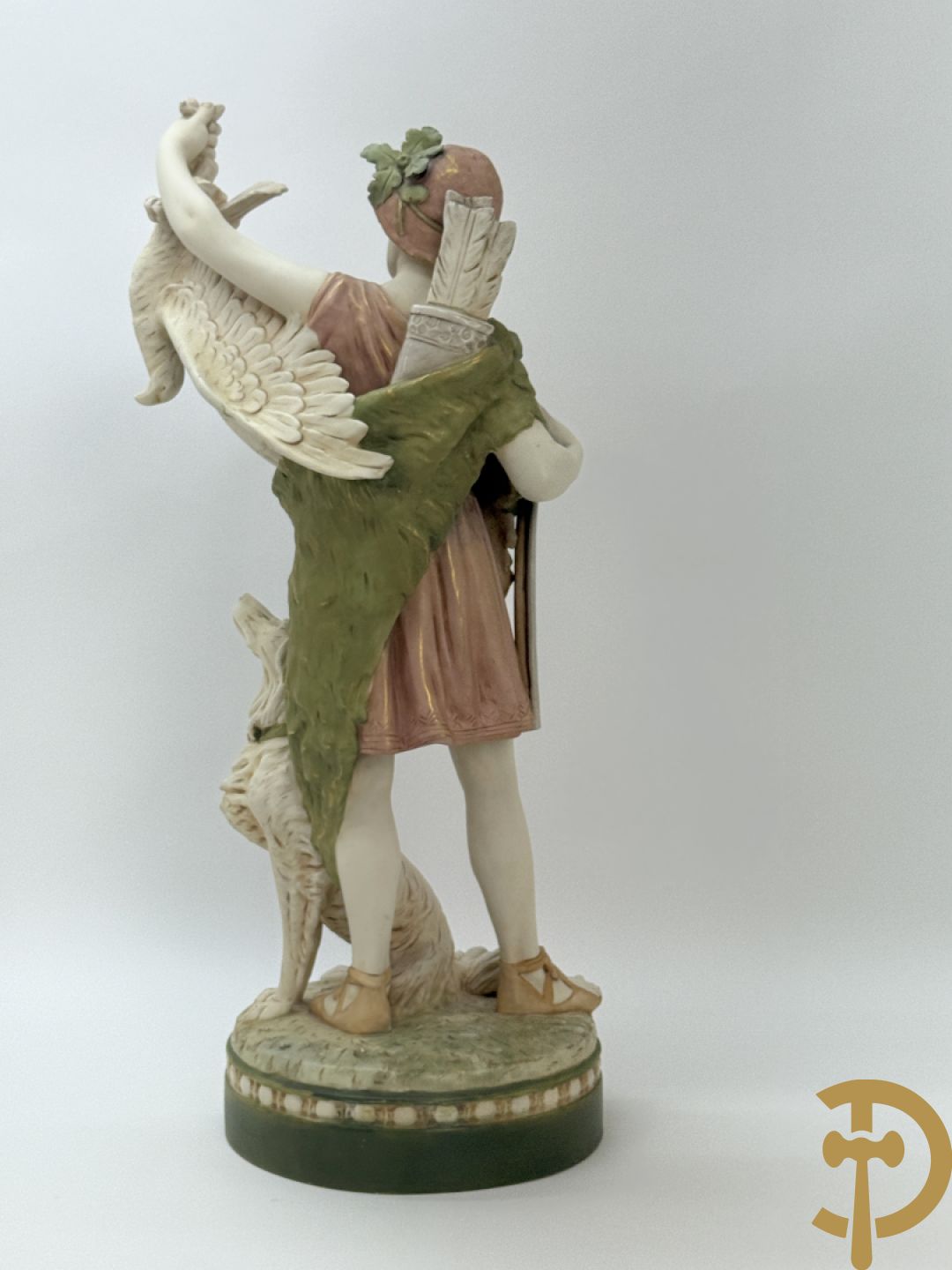 Royal Dux beeld van jager met hond en vogel in de hand