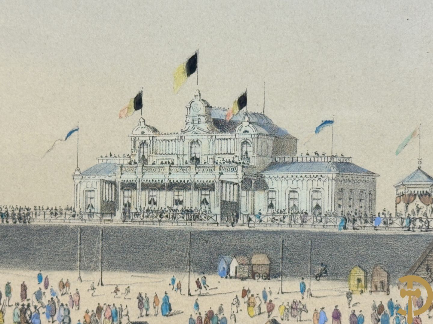 BORREMANS H. (4 stuks) en BUFFA (2 stuks) en CARSE (1 stuk) van - Zeven ingekleurde gravures van Oostende met o.a. Kursaal, vuurtoren, station en pier