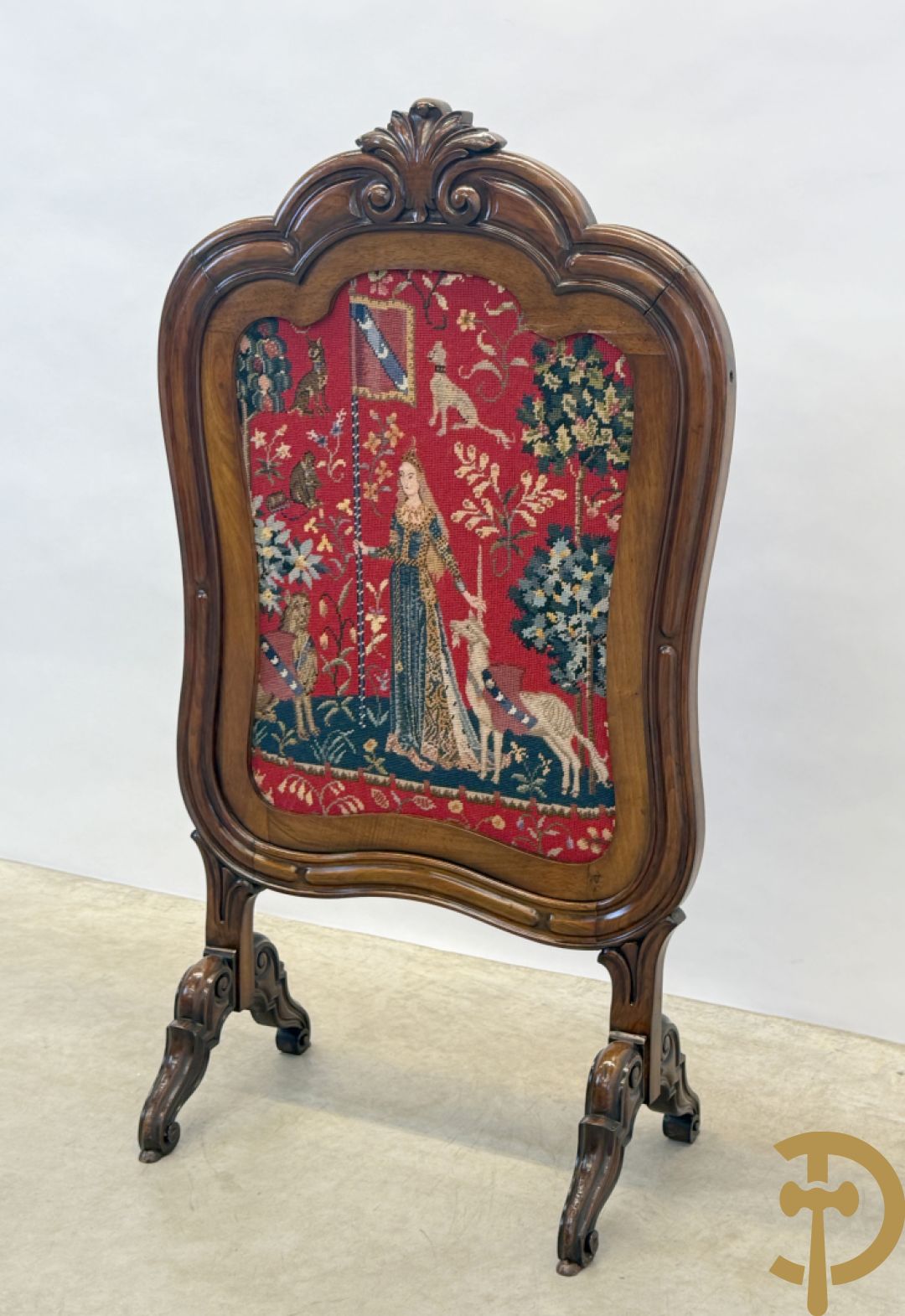 Haardscherm in mahonie met tapisserie