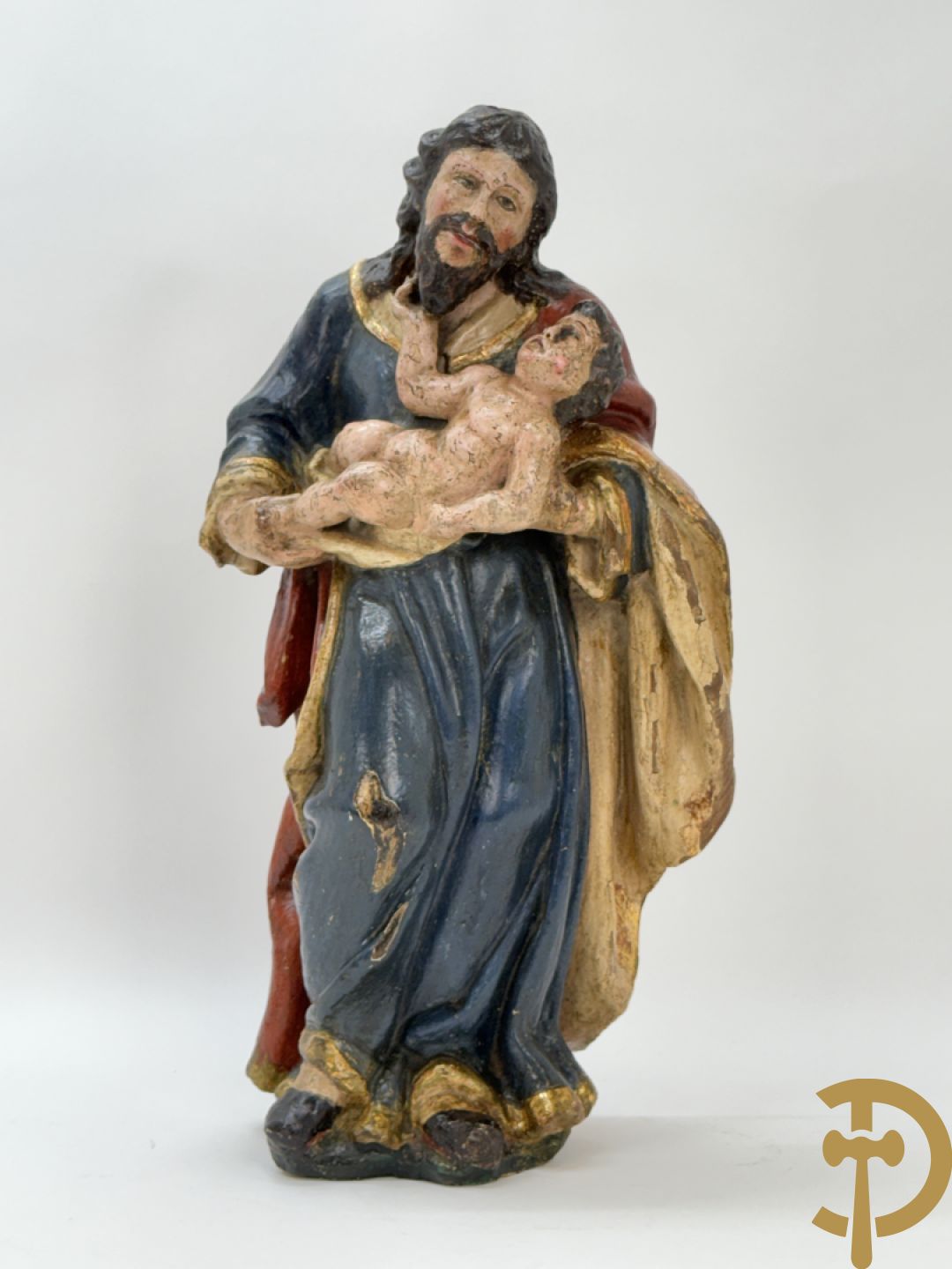 Gepolychromeerde houtsculptuur van Jozef met kindje Jezus