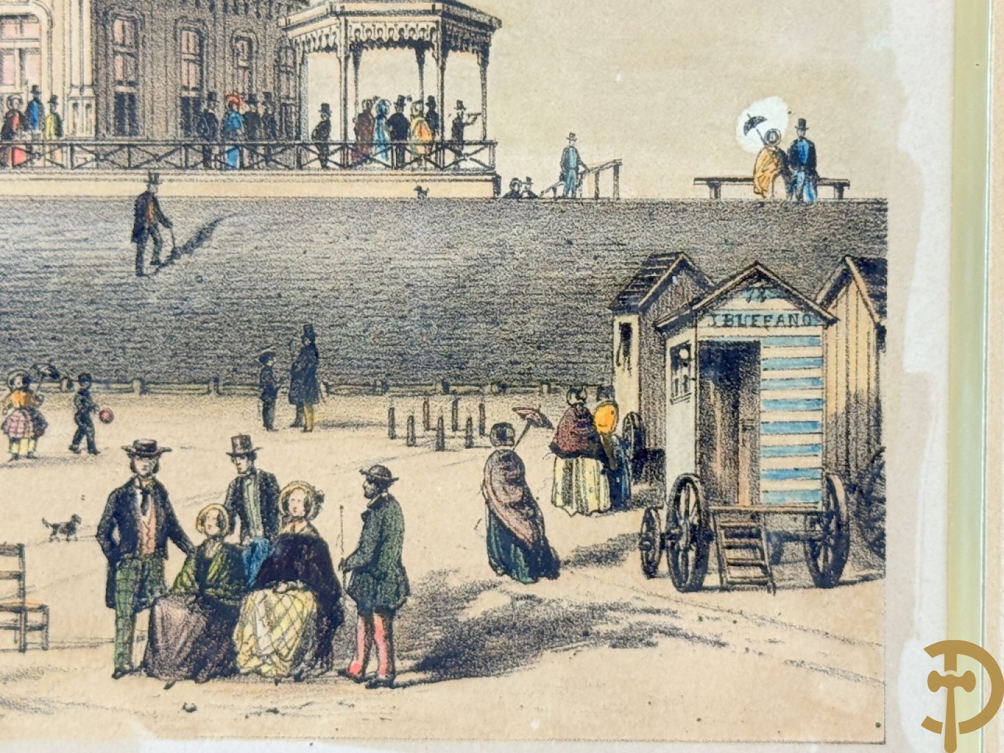 BORREMANS H. (4 stuks) en BUFFA (2 stuks) en CARSE (1 stuk) van - Zeven ingekleurde gravures van Oostende met o.a. Kursaal, vuurtoren, station en pier