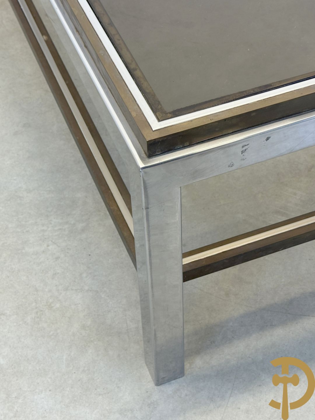 Salontafel met fumé glazen blad, koper en chromé, Belgochrome