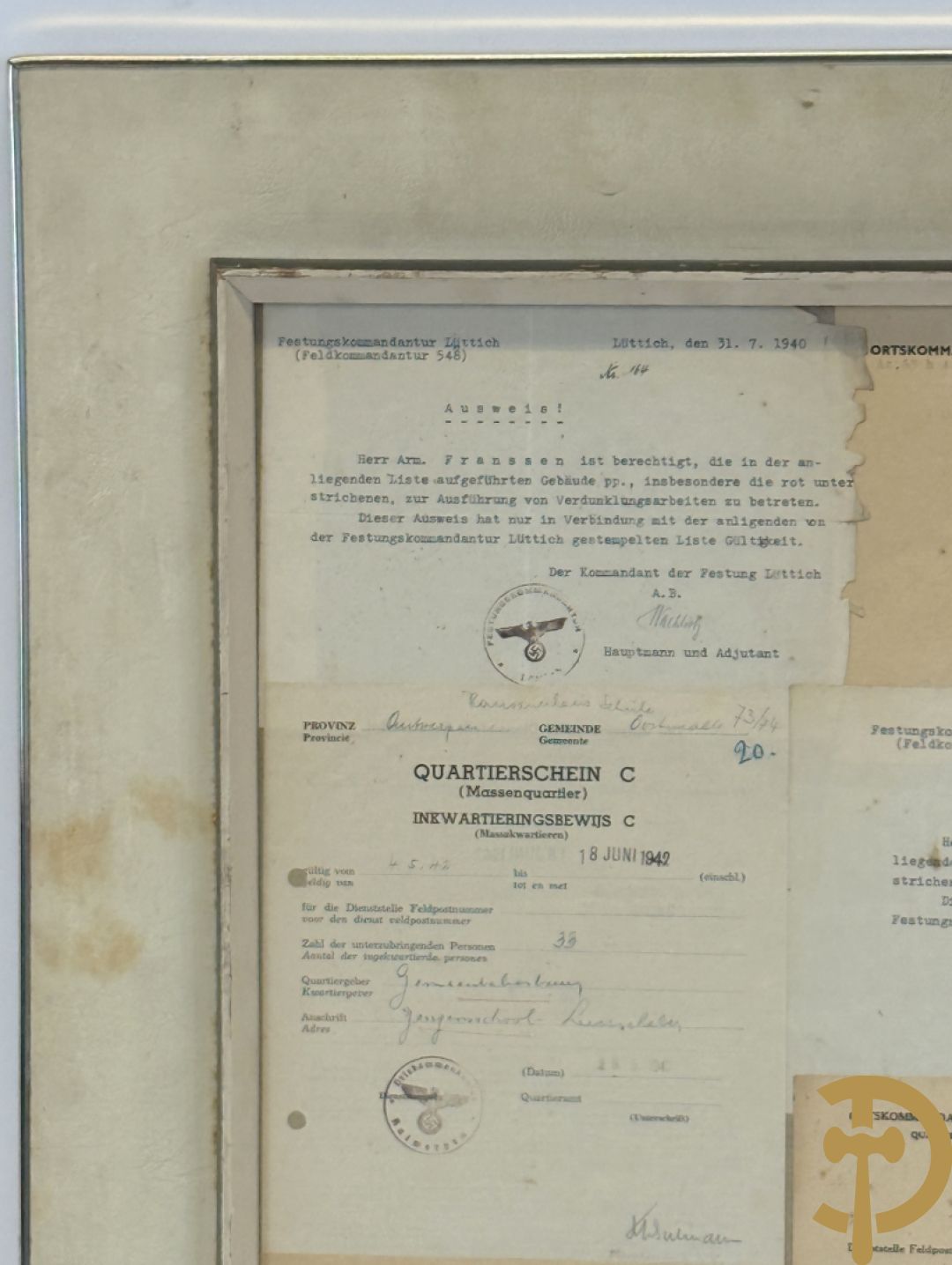 Zeven ingelijste documenten over Duitse W.O. II
