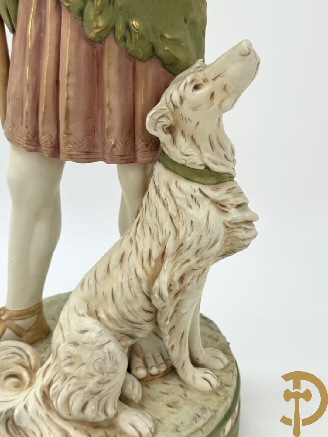 Royal Dux beeld van jager met hond en vogel in de hand