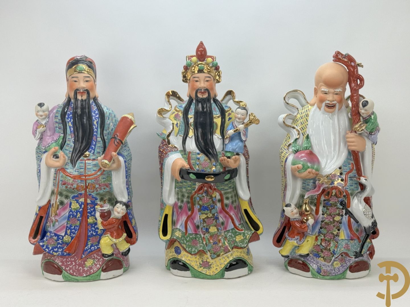 Drie porseleinen wijsgeren, de Chinese geluksgoden Fu Lu Shou, jaren 