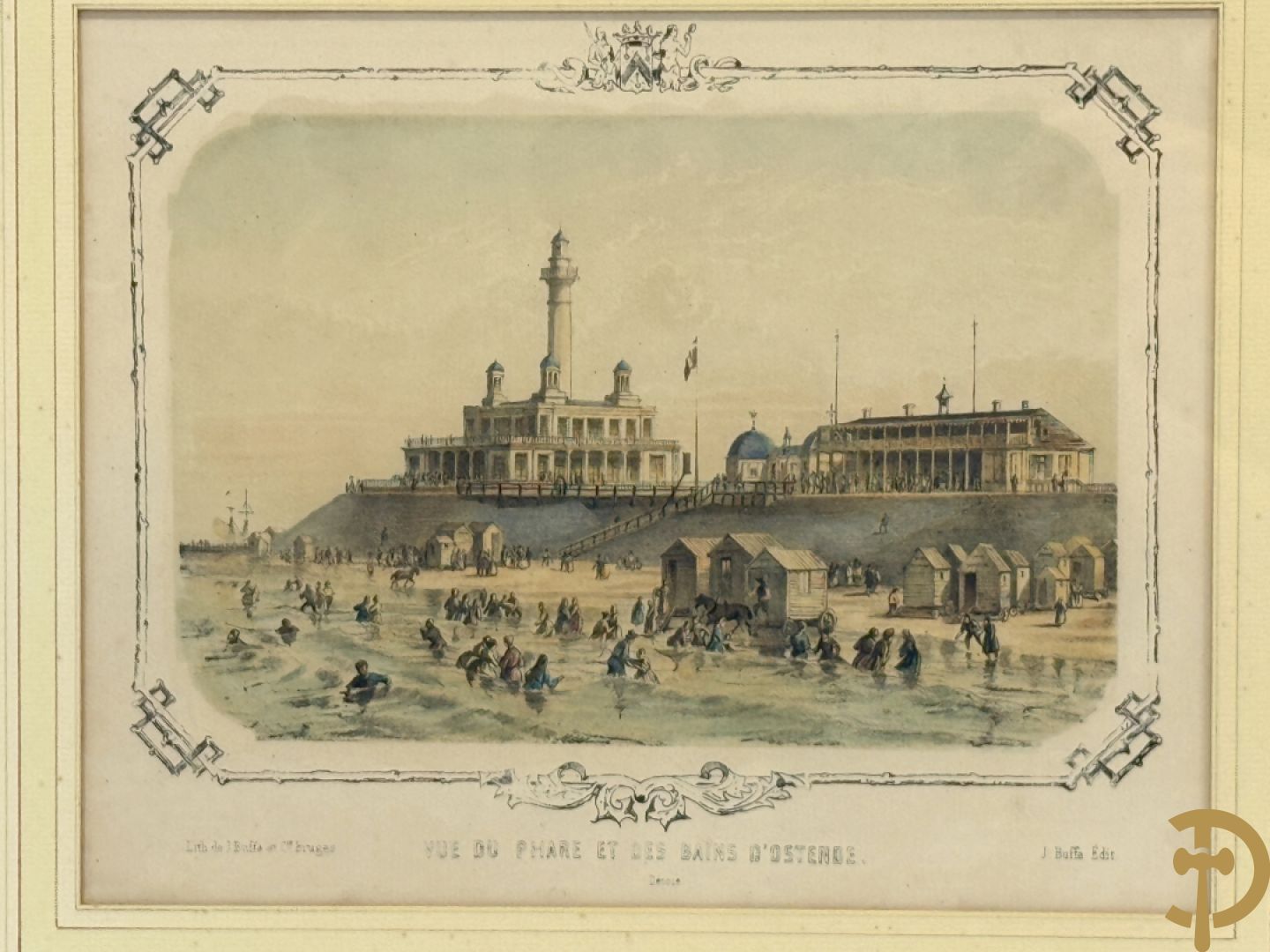 BORREMANS H. (4 stuks) en BUFFA (2 stuks) en CARSE (1 stuk) van - Zeven ingekleurde gravures van Oostende met o.a. Kursaal, vuurtoren, station en pier