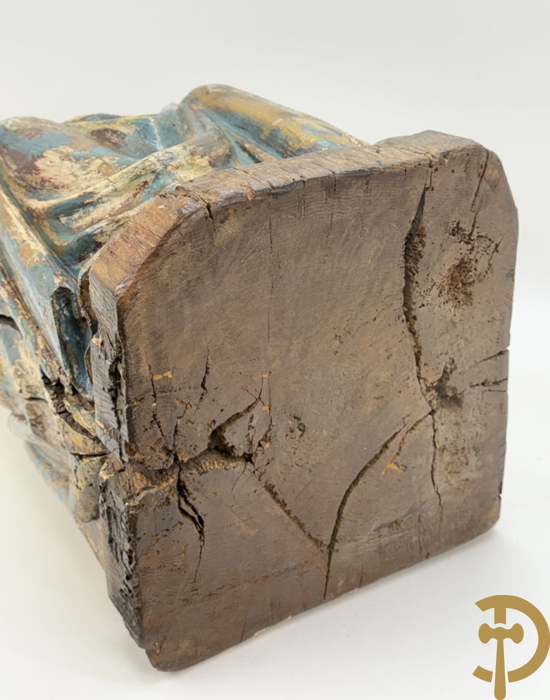 Houtsculptuur gepolychromeerde zittende Madonna met kind op de schoot, Zuid Europees