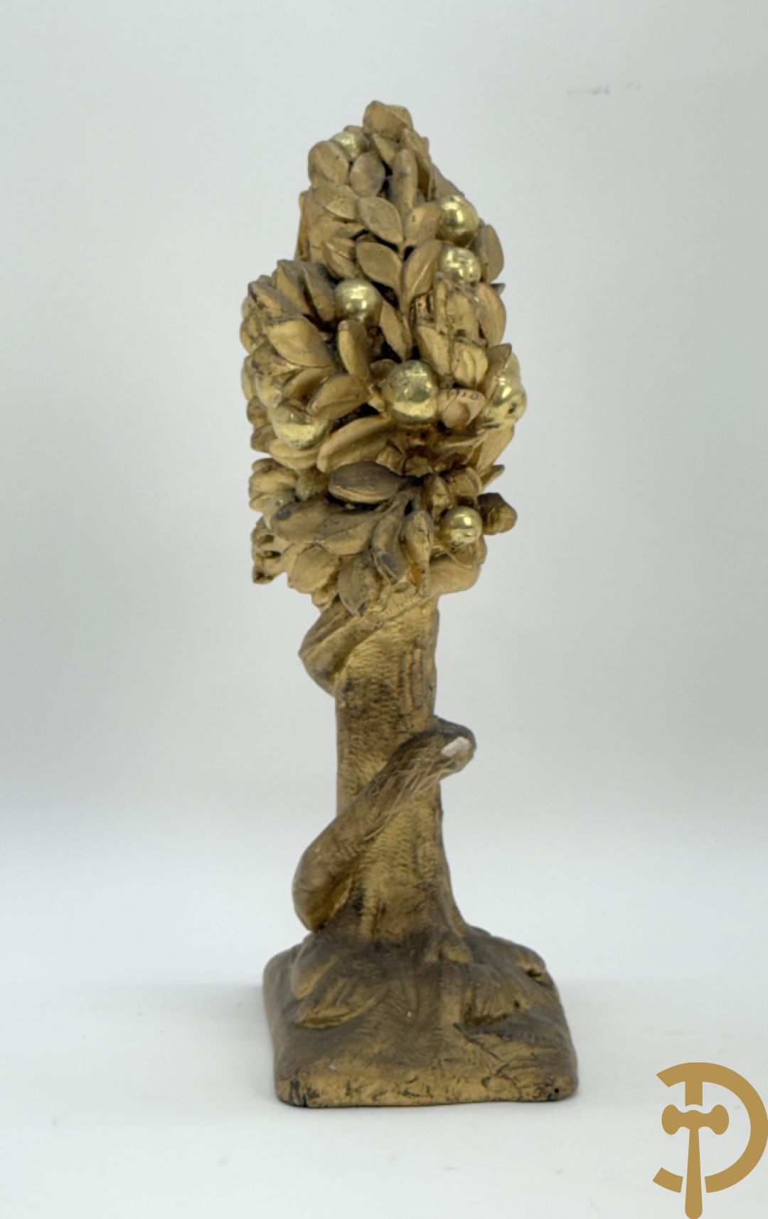Houtgesculpteerde en vergulde relikwiehouder met boom uit het aards paradijs met de slang, 19e