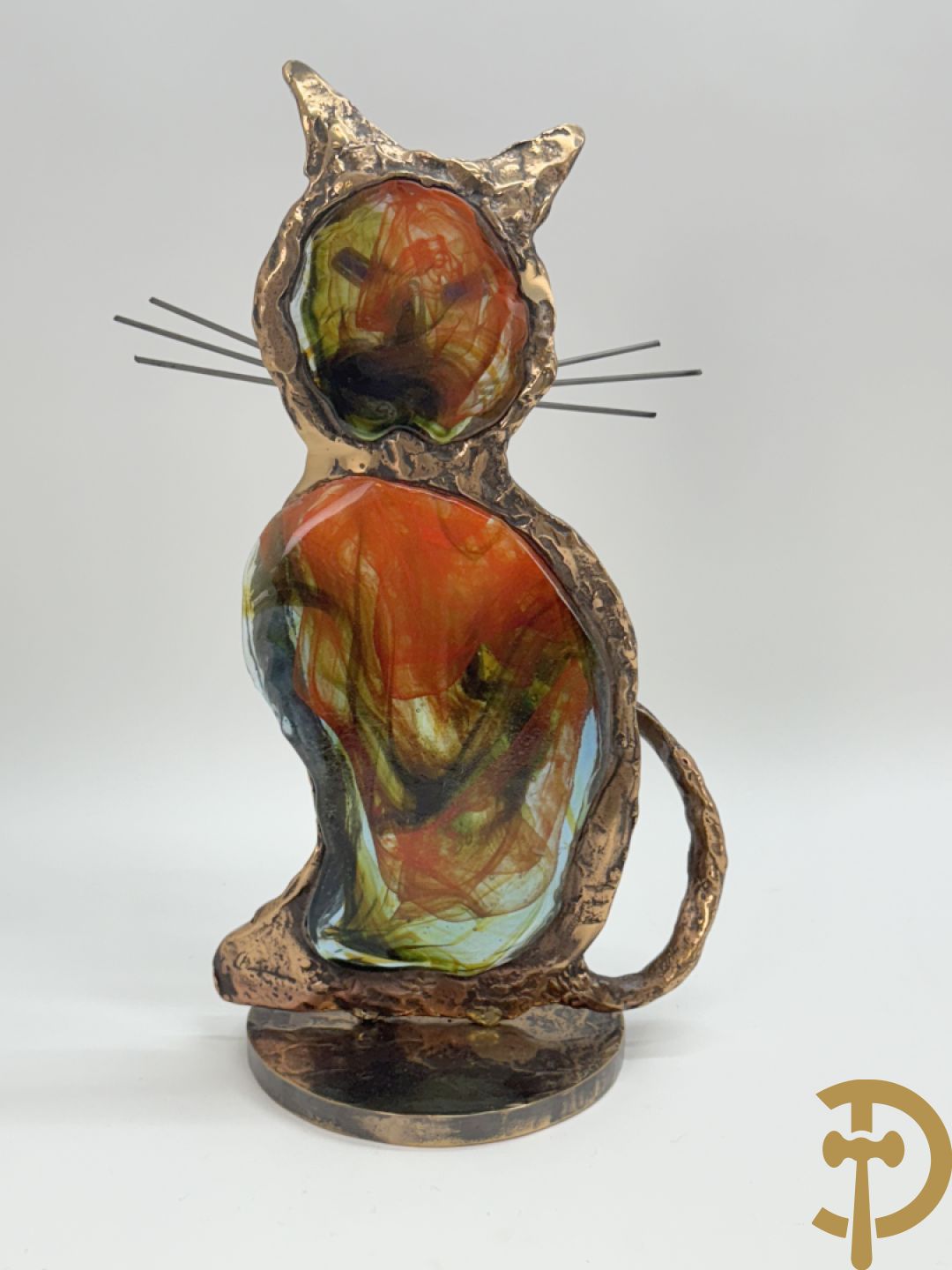 LOHE getekend - Bronssculptuur van poes met glaspasta