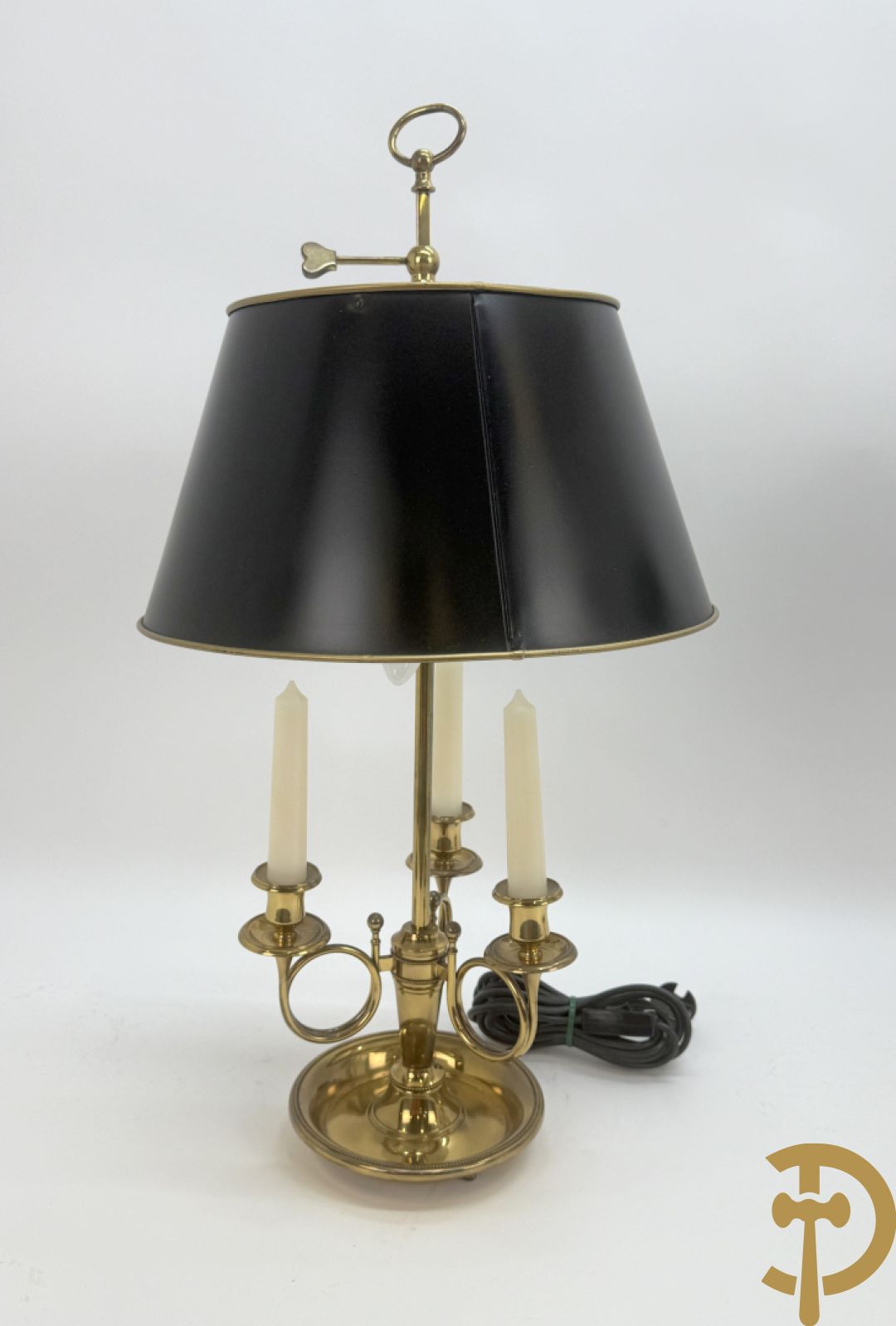 Twee koperen lampes bouillotte, 1 met bovenverlichting en 1 met kaarsenverlichting