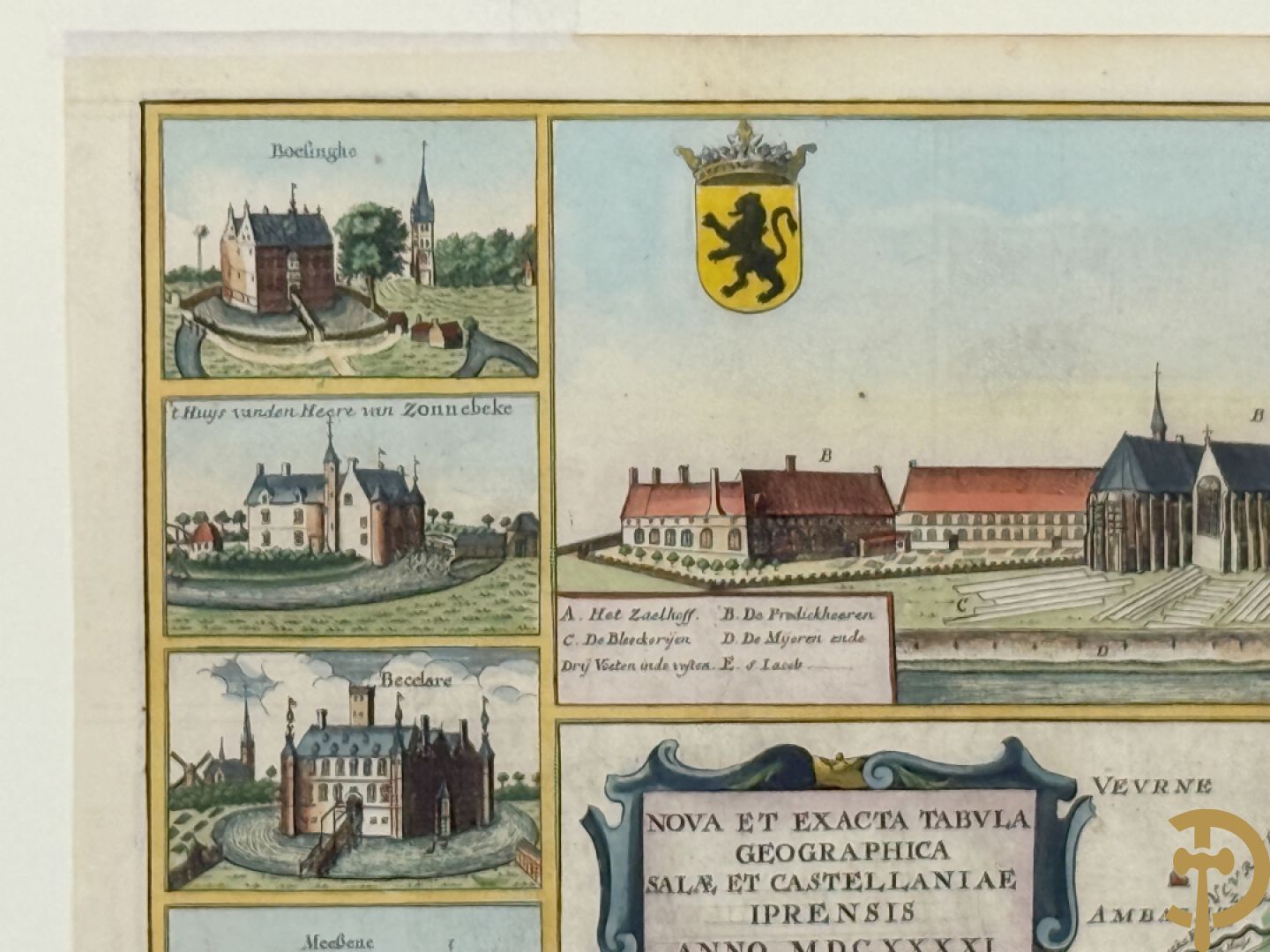 Oude kaart Sanderus met inzet van zicht op stad Ieper en kastelen rond de stad Ieper, 1641