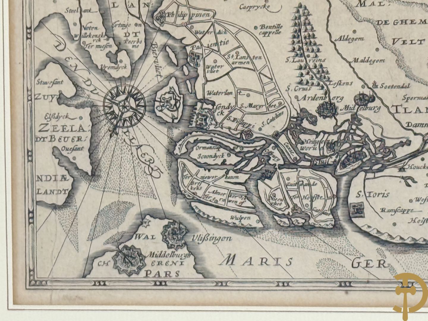 Oude kaart Flandria Septen Trionalis, cartografen Gerhard Mercator, Johannes Janssonius en Johannes Van Waesberge, laat 17e