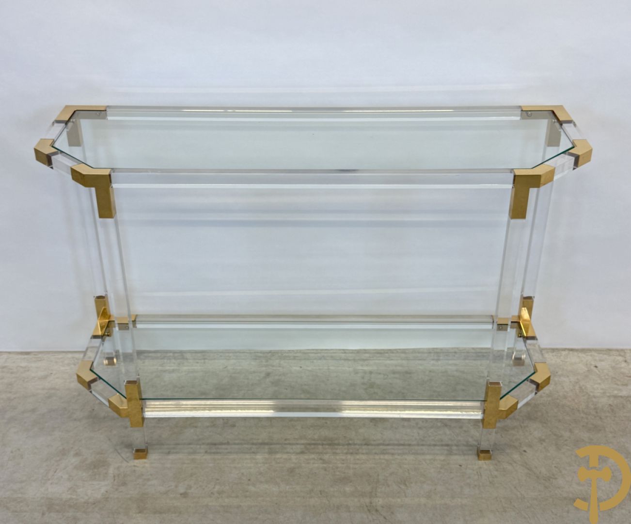 Twee plexi wandtafels met koperen ornamenten, jaren 