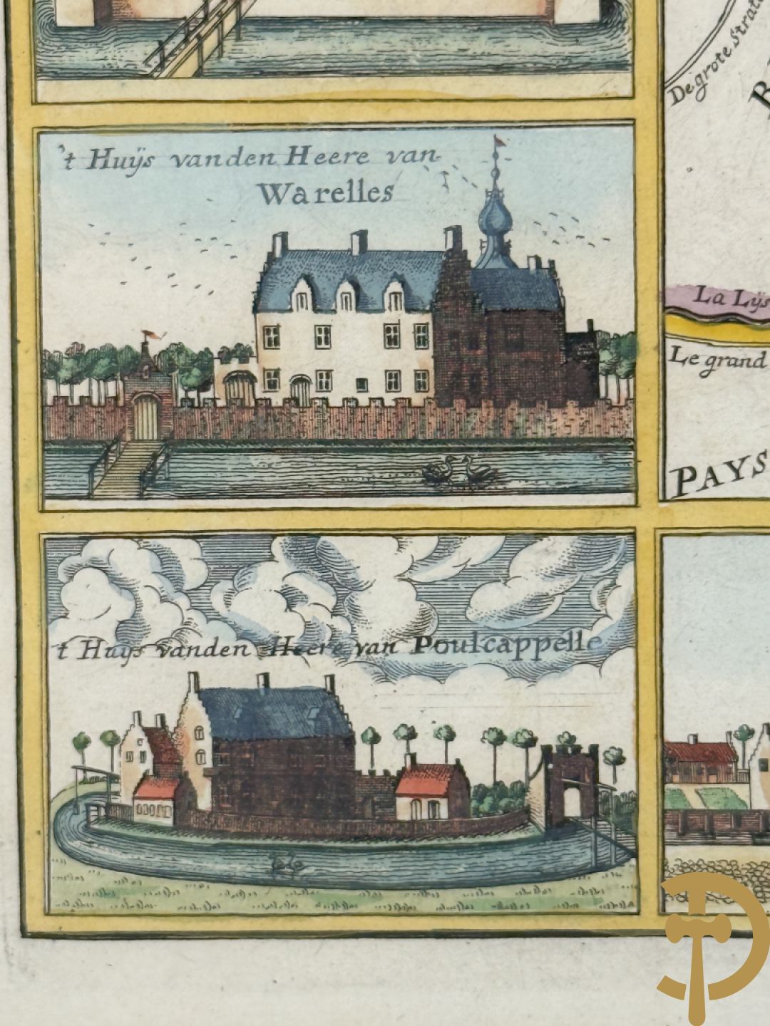 Oude kaart Sanderus met inzet van zicht op stad Ieper en kastelen rond de stad Ieper, 1641