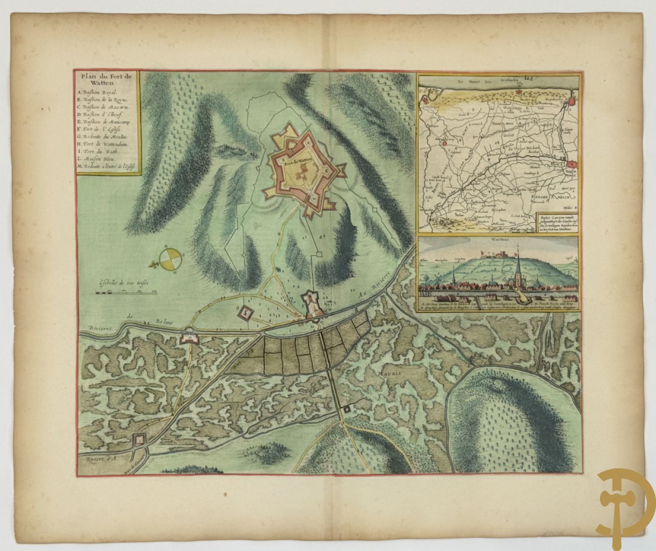 Oude origineel ingekleurde kaart plan du fort de Watten, Blaue