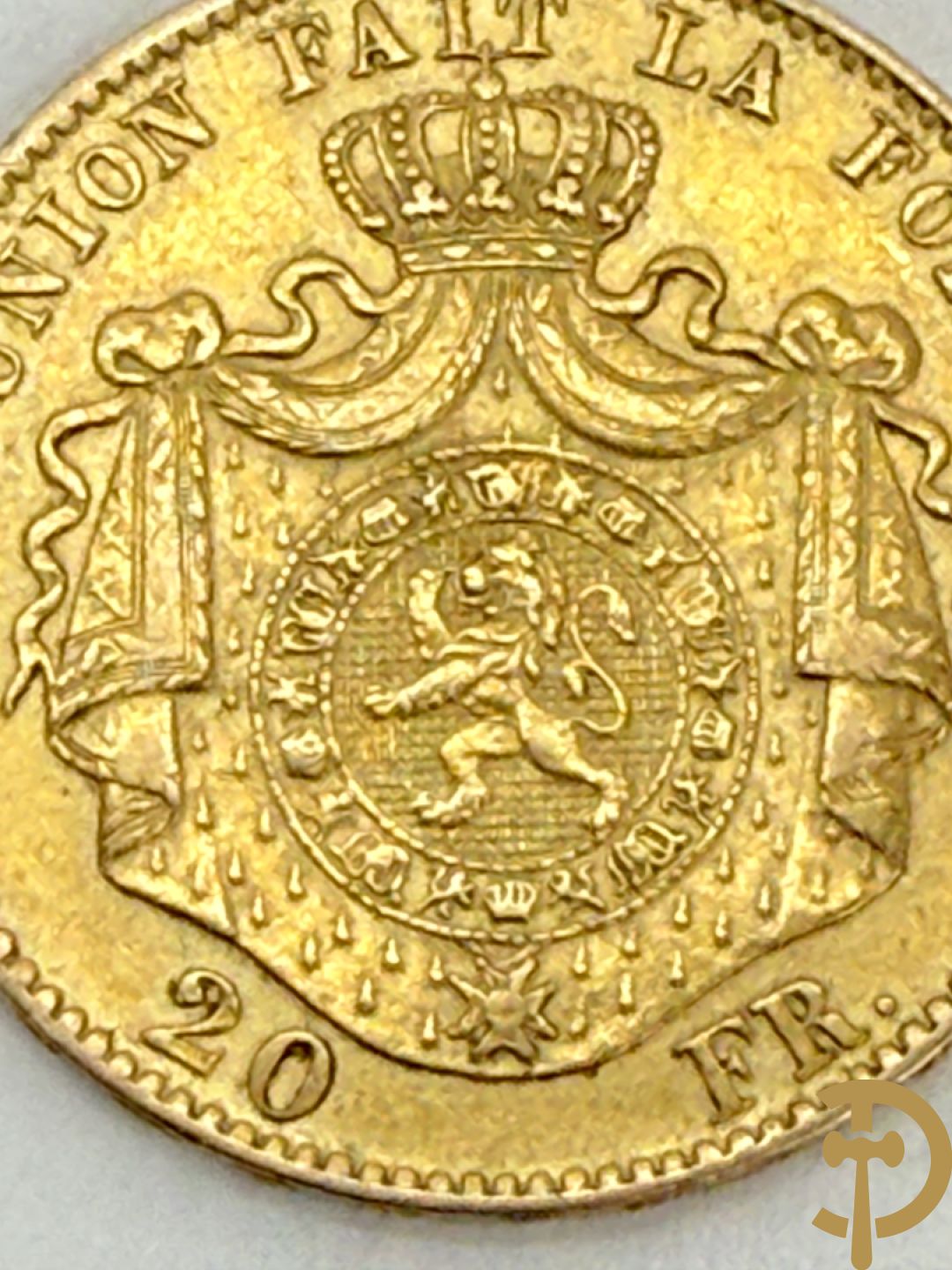 Belgische gouden 20 Franc uit 1868 met afbeelding van Leopold II