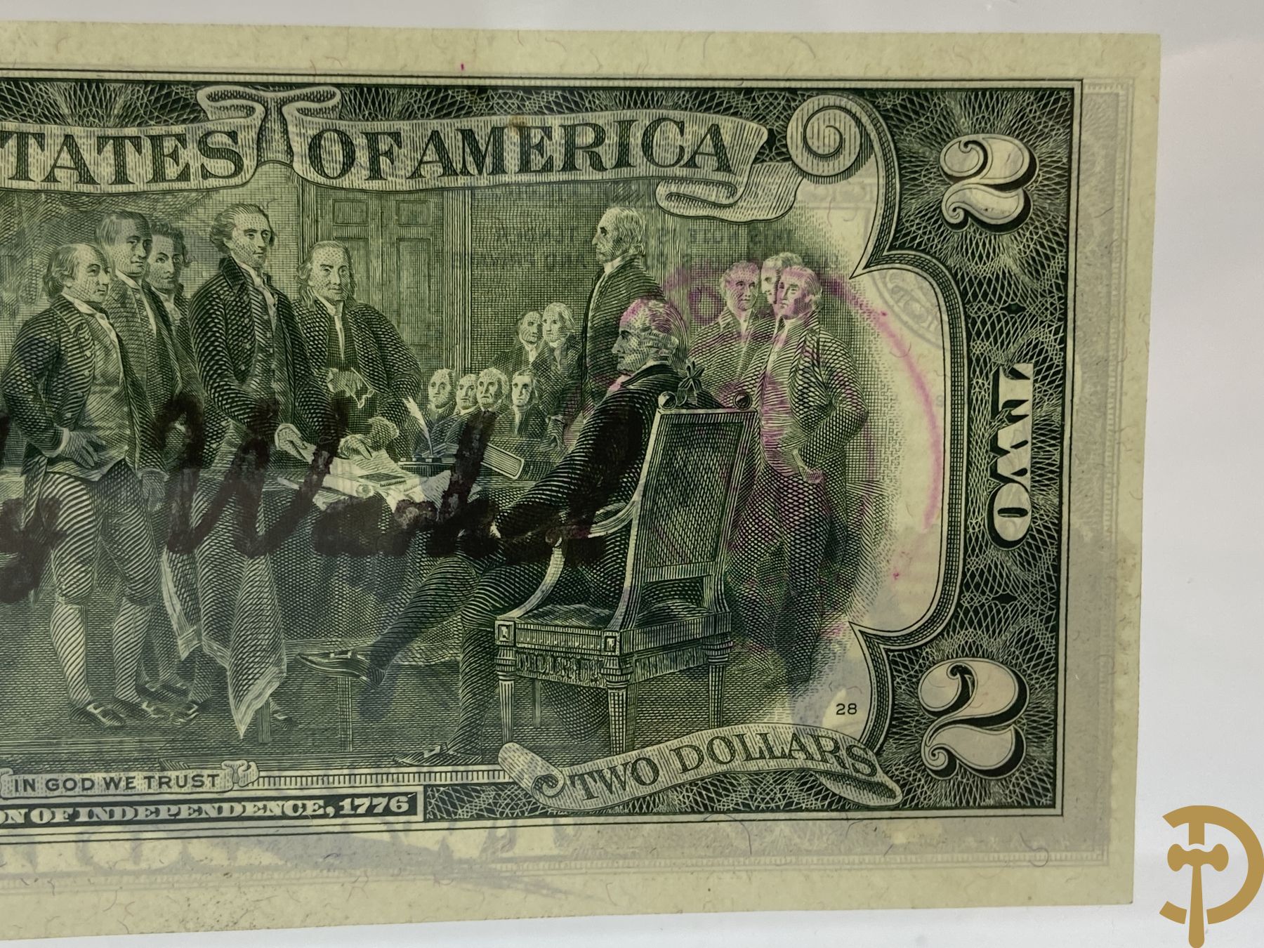 Warhol Andy getekend op Amerikaans 2 dollar biljet  
Serial Number: H08533432A
Year: 1976
Stamp and stamp of the American post office dated April 13, 1976 
Factory Warhol stamp on the back