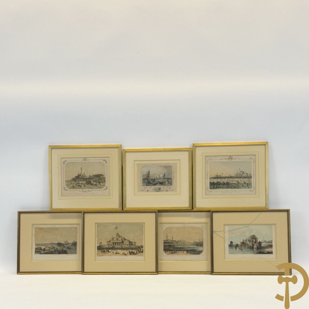 BORREMANS H. (4 stuks) en BUFFA (2 stuks) en CARSE (1 stuk) van - Zeven ingekleurde gravures van Oostende met o.a. Kursaal, vuurtoren, station en pier