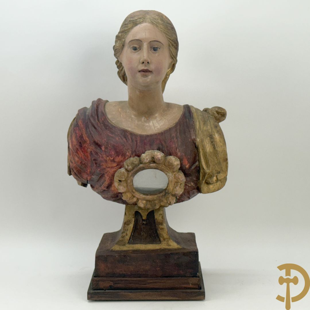 Houtgesculpteerde en gepolychromeerde damesbuste met reliekhouder