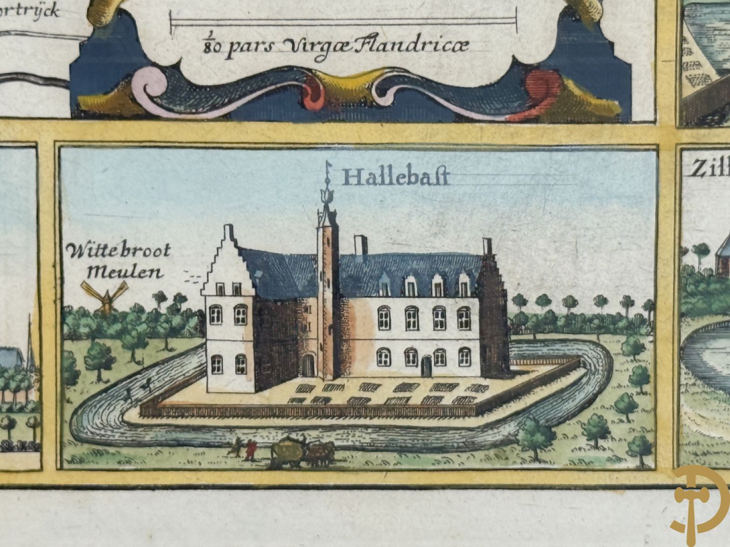 Oude kaart Sanderus met inzet van zicht op stad Ieper en kastelen rond de stad Ieper, 1641