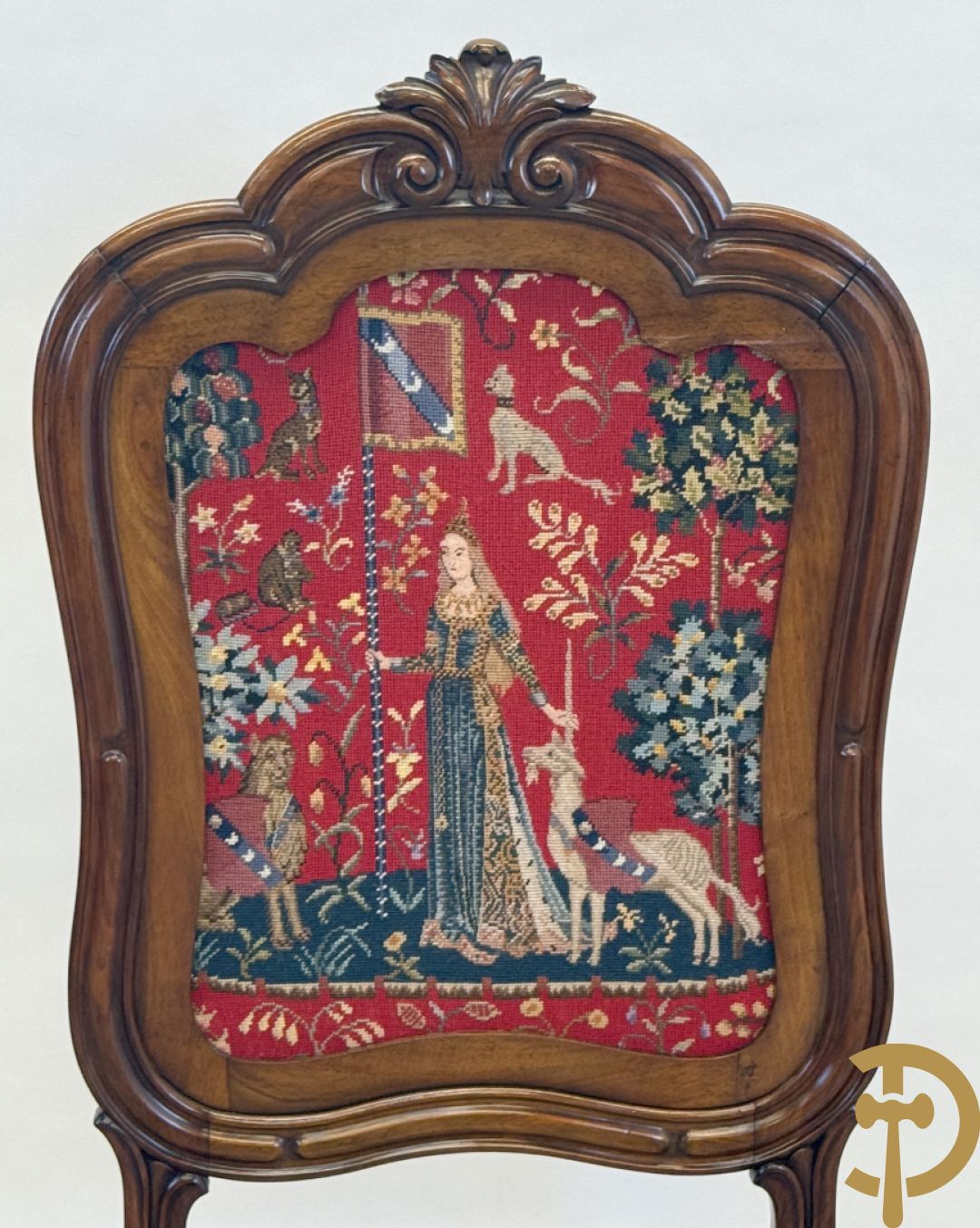 Haardscherm in mahonie met tapisserie