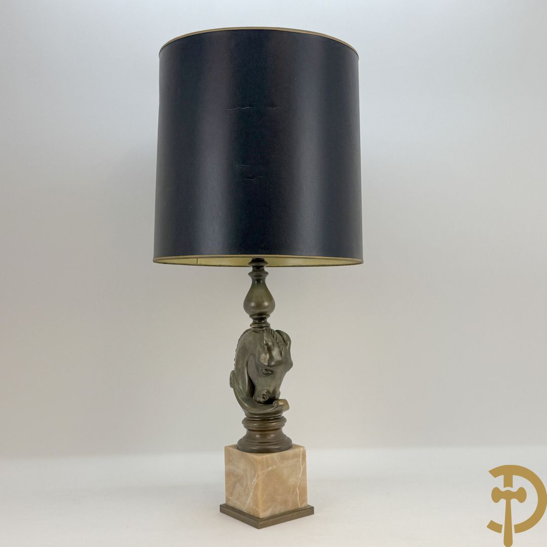 Vintage lampadaire in messing met paardenkop op onix marmeren sokkel