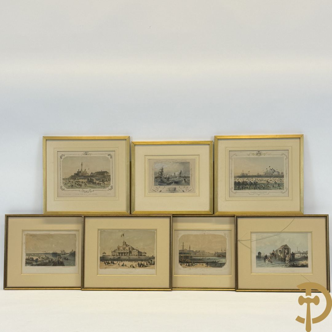 BORREMANS H. (4 stuks) en BUFFA (2 stuks) en CARSE (1 stuk) van - Zeven ingekleurde gravures van Oostende met o.a. Kursaal, vuurtoren, station en pier