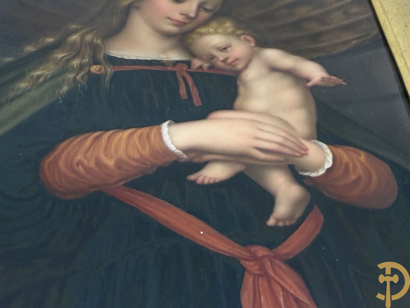 Antieke schilderij met Madonna met kind op porselein beschilderd, naar HOLBEIN