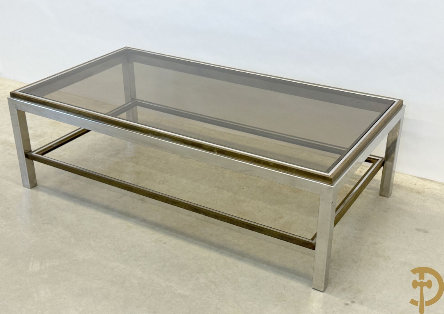 Salontafel met fumé glazen blad, koper en chromé, Belgochrome