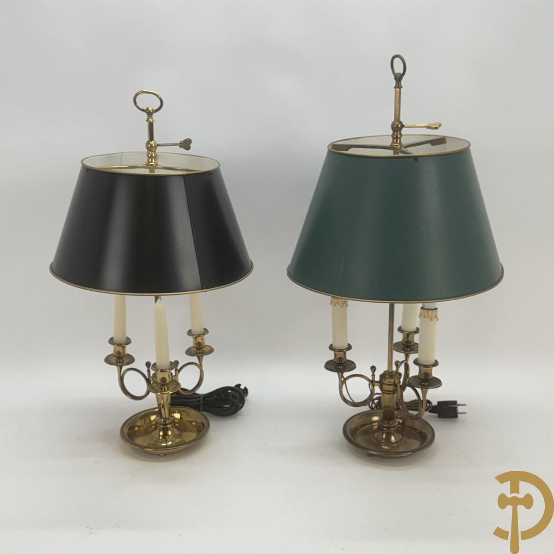 Twee koperen lampes bouillotte, 1 met bovenverlichting en 1 met kaarsenverlichting