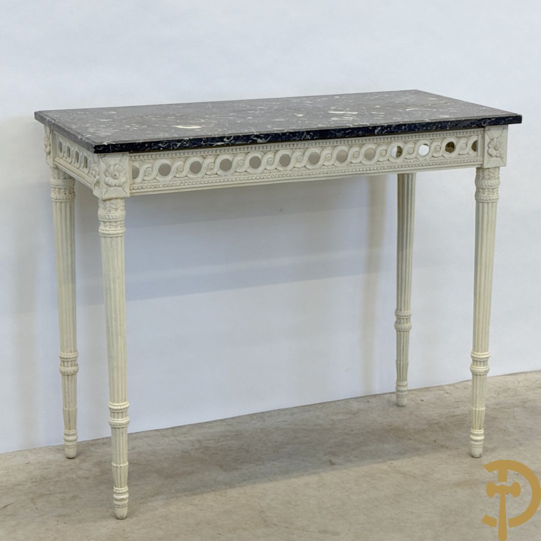 Houtgesculpteerde en gepolychromeerde Louis XVI console met grijs marmeren blad