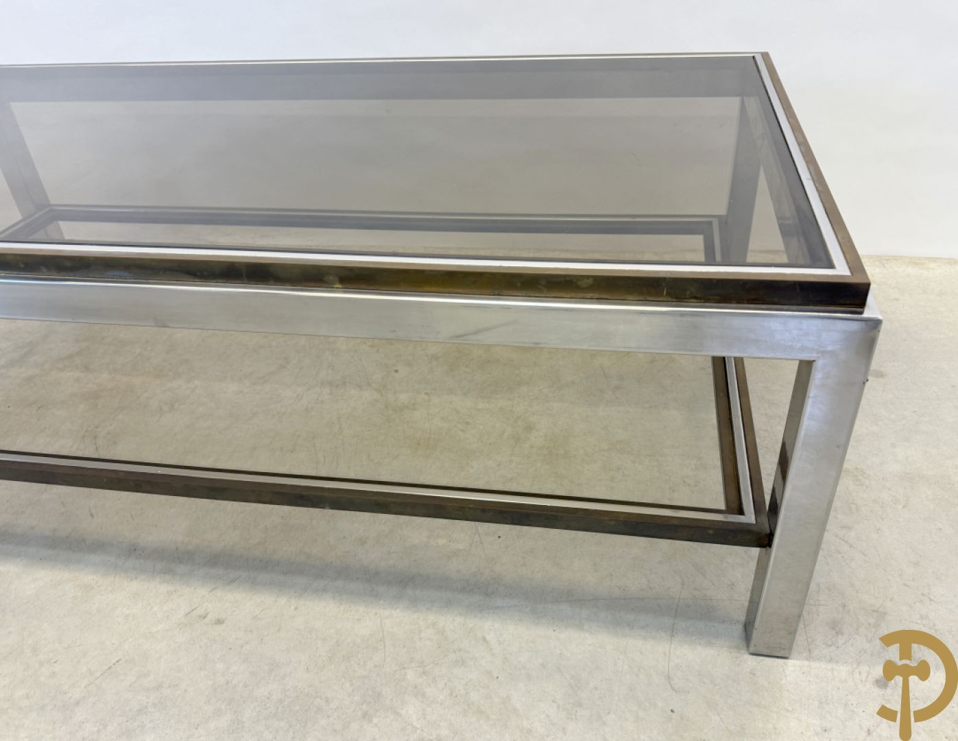 Salontafel met fumé glazen blad, koper en chromé, Belgochrome