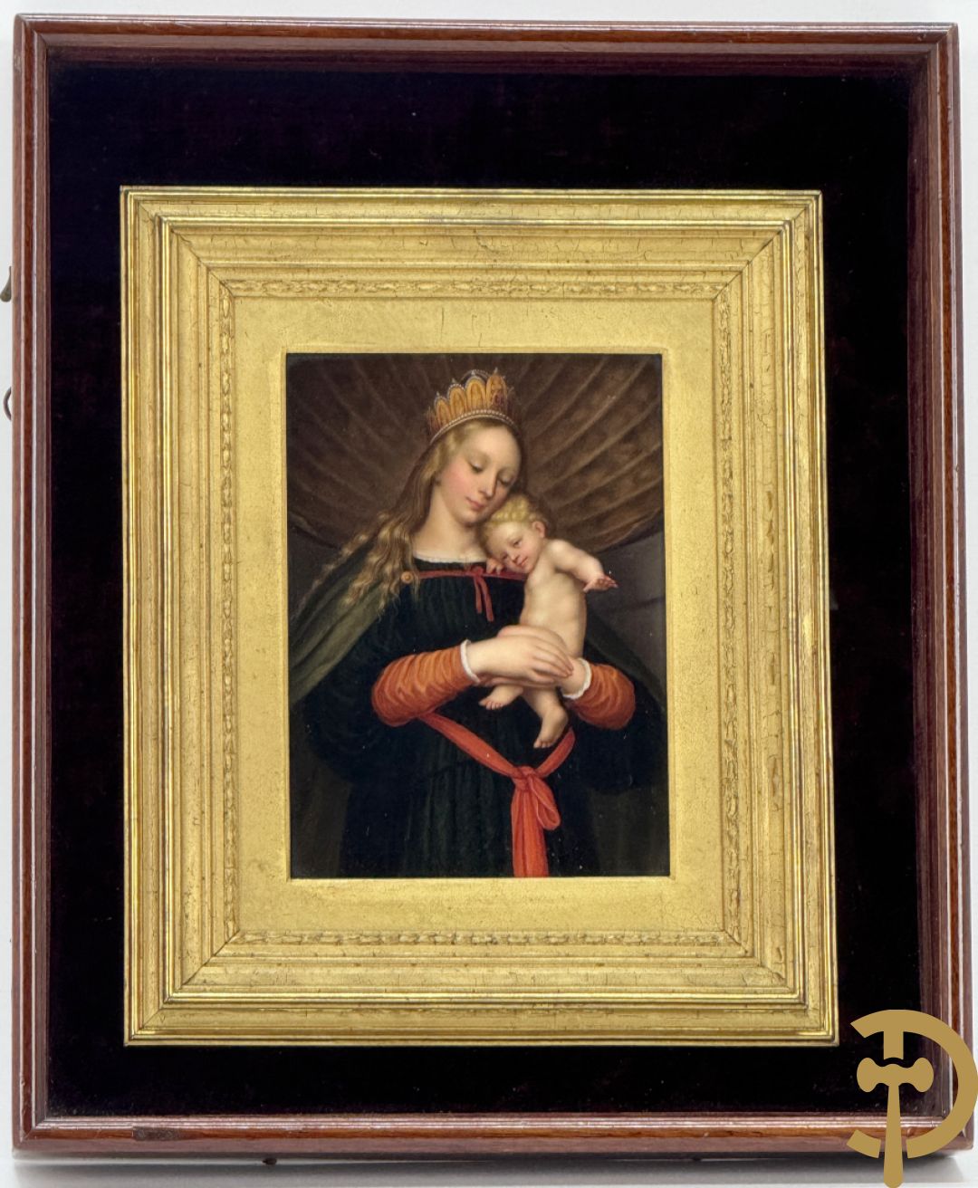 Antieke schilderij met Madonna met kind op porselein beschilderd, naar HOLBEIN