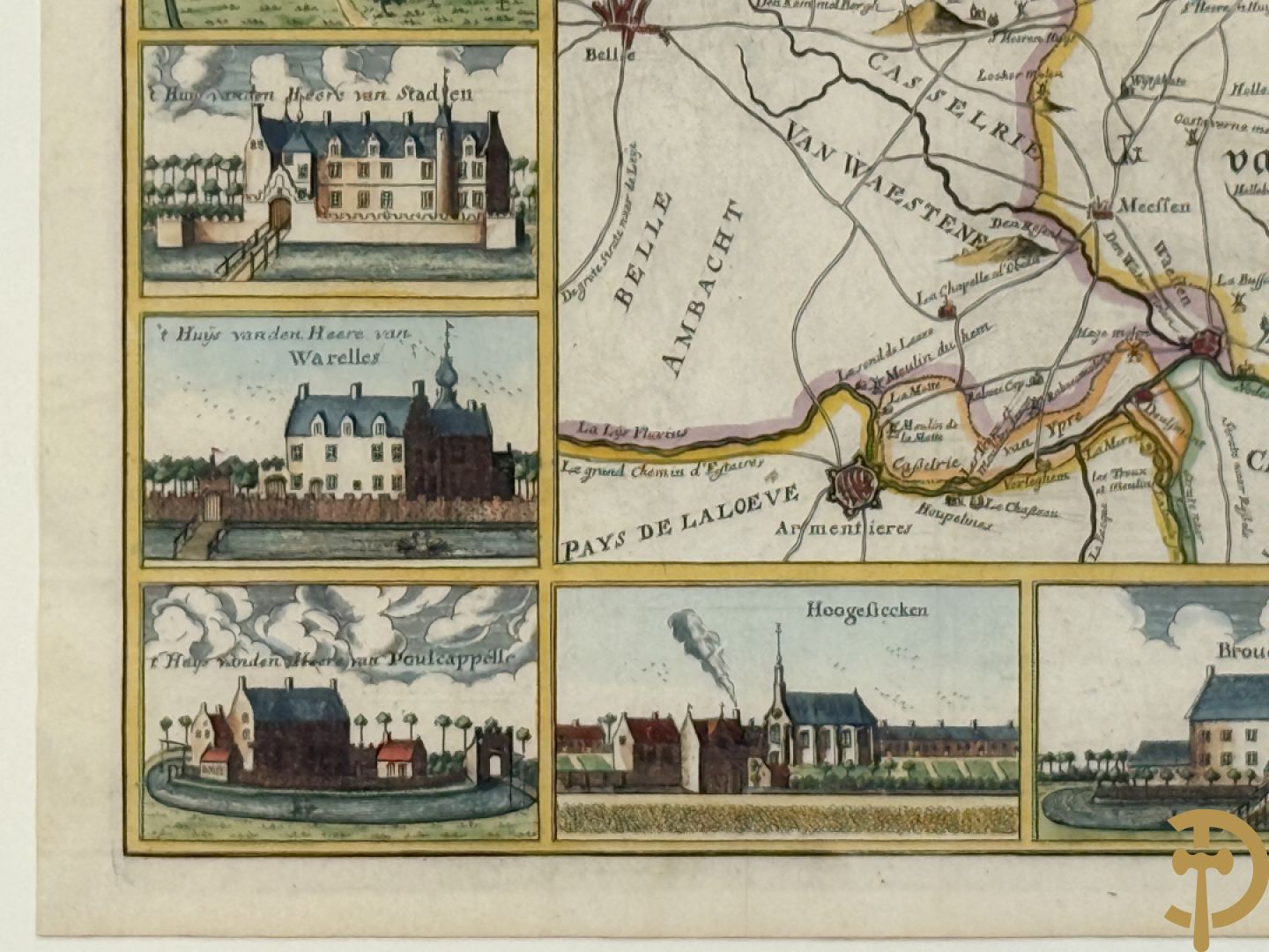 Oude kaart Sanderus met inzet van zicht op stad Ieper en kastelen rond de stad Ieper, 1641