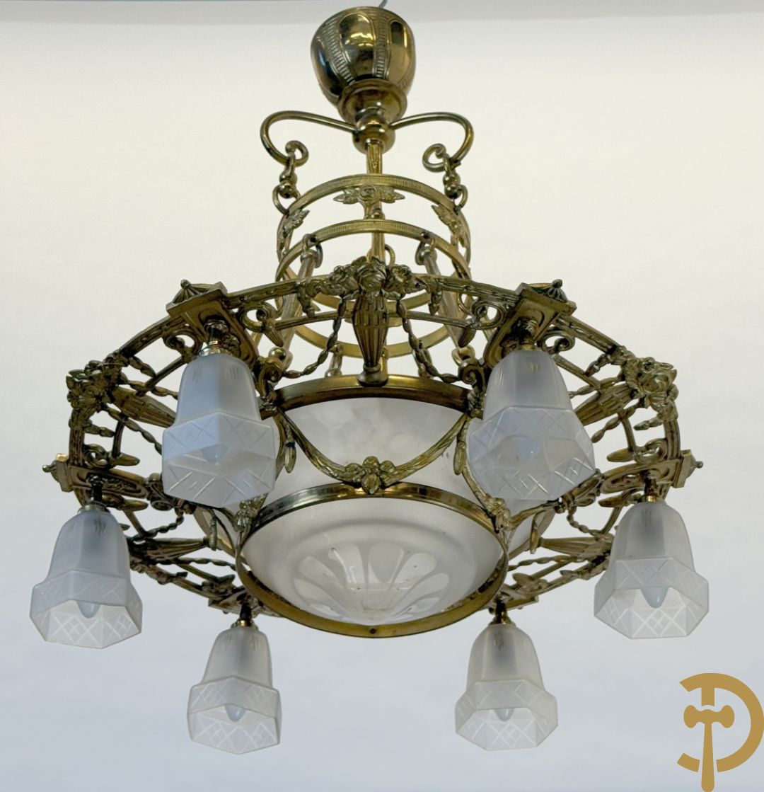 Bronzen zesarmige Art Deco luchter met centrale coupe