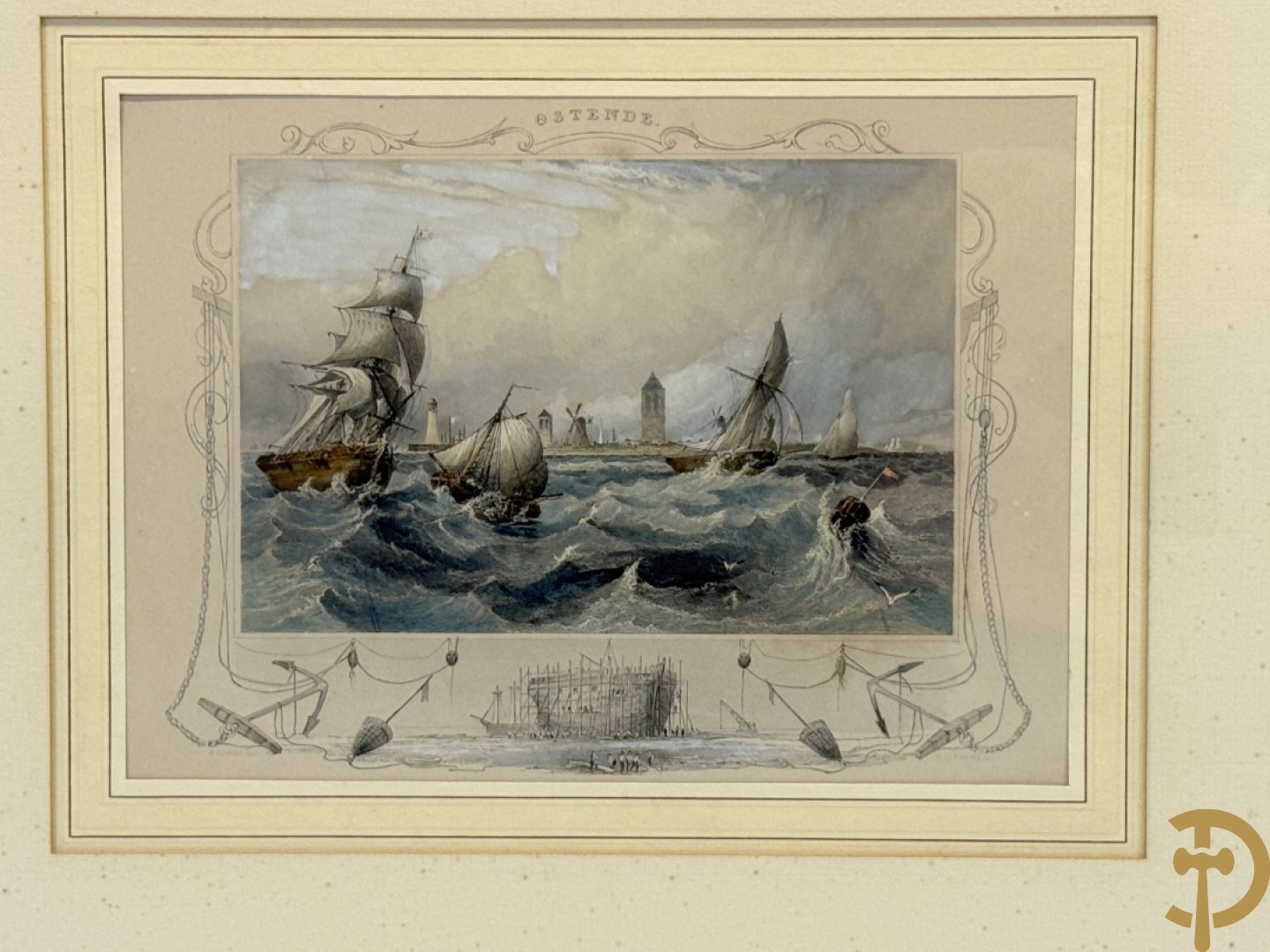 BORREMANS H. (4 stuks) en BUFFA (2 stuks) en CARSE (1 stuk) van - Zeven ingekleurde gravures van Oostende met o.a. Kursaal, vuurtoren, station en pier