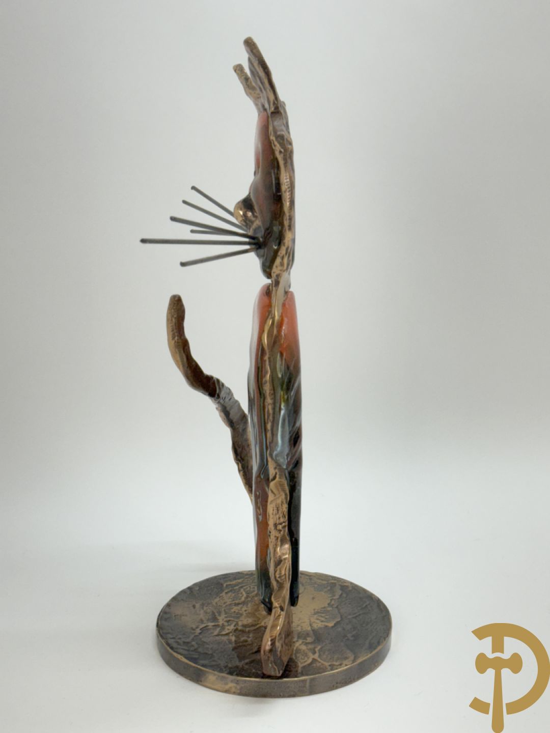 LOHE getekend - Bronssculptuur van poes met glaspasta