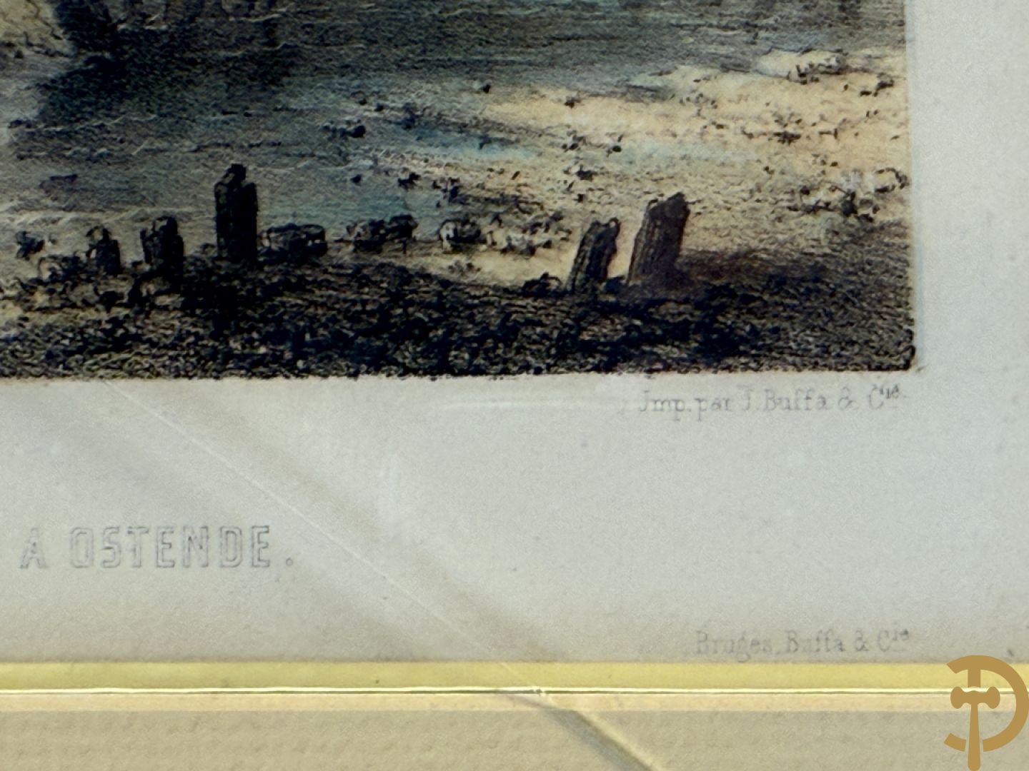 BORREMANS H. (4 stuks) en BUFFA (2 stuks) en CARSE (1 stuk) van - Zeven ingekleurde gravures van Oostende met o.a. Kursaal, vuurtoren, station en pier