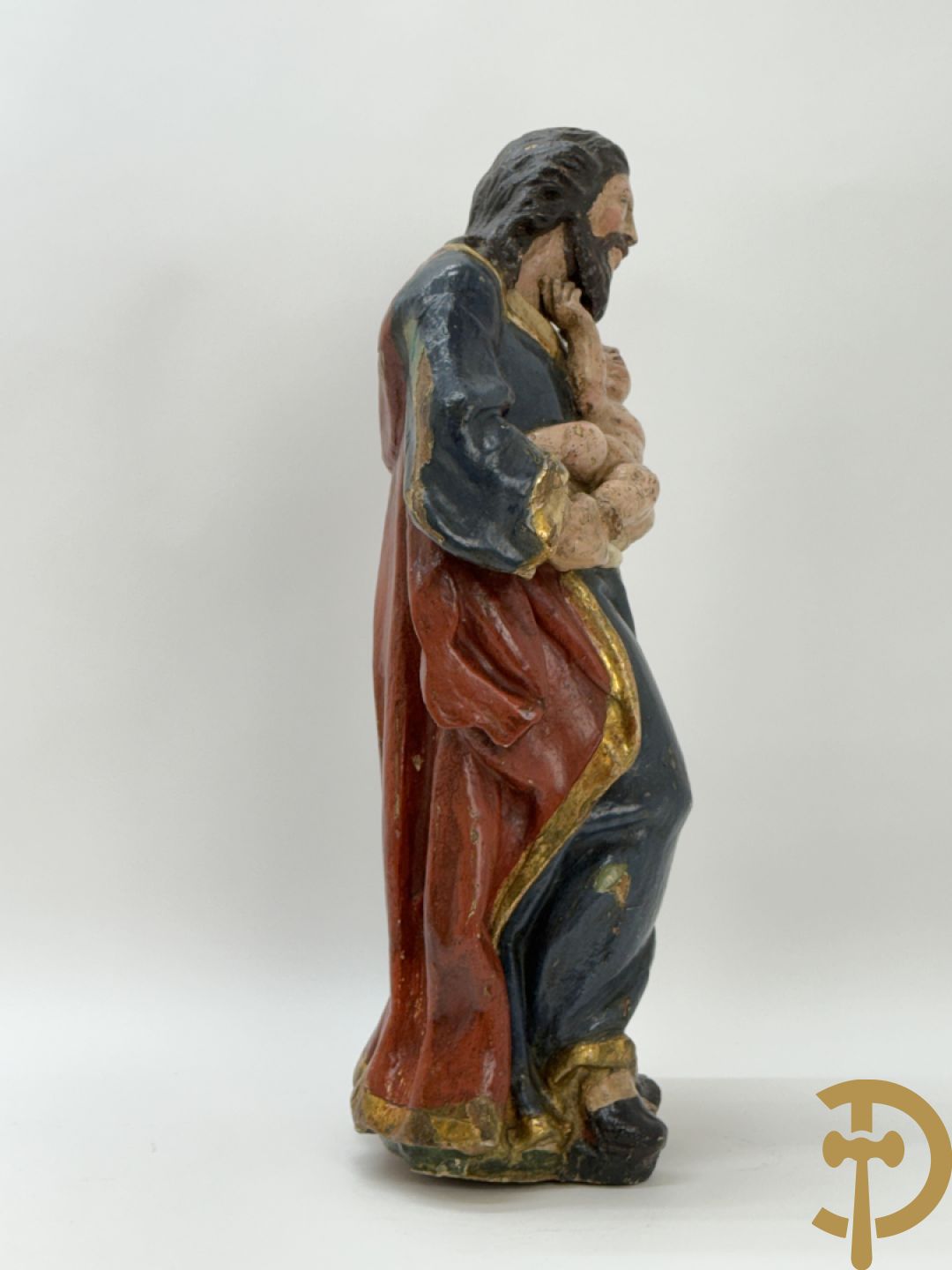 Gepolychromeerde houtsculptuur van Jozef met kindje Jezus