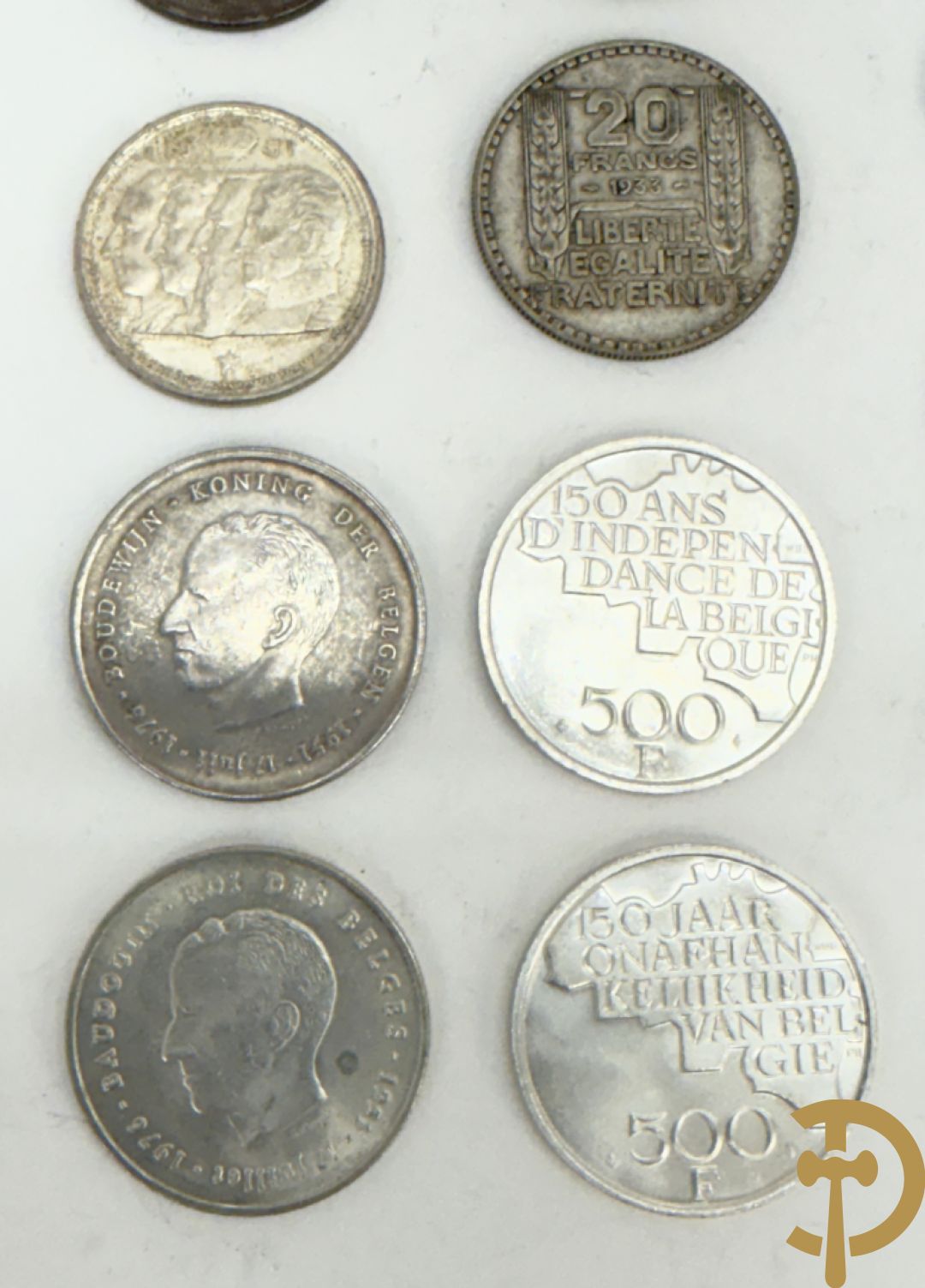 Reeks massief zilveren munten w.o. oude 5 Frank stukken van België en Frankrijk, belgische zilveren munten van 100, 250 en 500 Frank + zilveren munten van 1 Gulden Nederland
