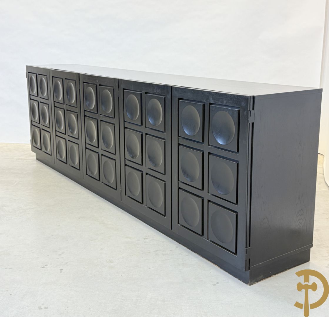 Zwartgelakte brutalistische vijfdeurs sideboard met ingewerkte lades, model Torino, ontwerper Frans Defour